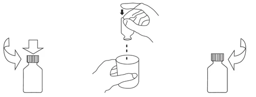 Technical drawing showing how to pour the contents of a small vial into a larger bottle by tilting the vial with a hand