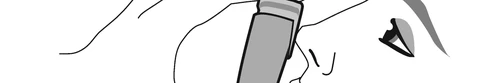 Black and white drawing showing a hand holding a medical device near a person's face for administration