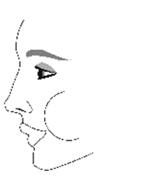 Stylized line drawing in black of a human profile face with indicated eyebrow, eye, and lips on a white background
