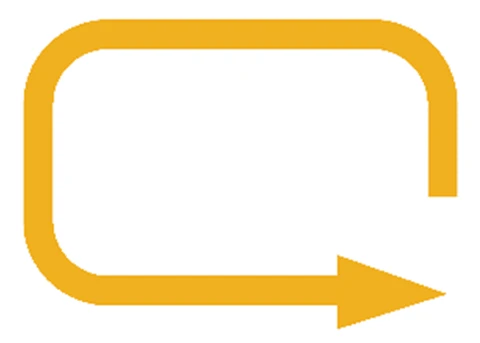 Yellow icon composed of a thick line with rounded corners forming an open rectangle ending in an arrow pointing to the right