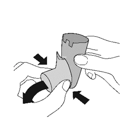 Two hands separating components of a medical device with black arrows indicating an opening movement to the left