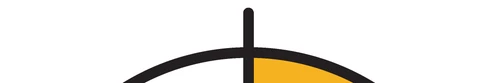 Stylized graphic symbol composed of a black vertical line crossing a black arc with a yellow-ochre lower section on the right