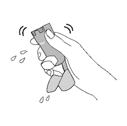 Stylized drawing of an X-shaped medical device from which liquid drops are emerging on a white background