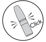 Disegno stilizzato di un dispositivo medico cilindrico inclinato con la scritta Click e linee che indicano un suono o un movimento meccanico