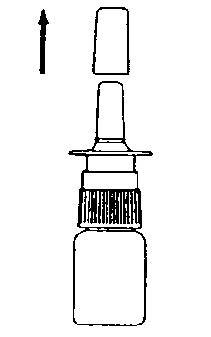 Diagramma tecnico che mostra il distacco di un cappuccio protettivo verso l'alto da un flaconcino medico con tappo a vite rigato