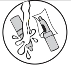 Circular drawing showing an injection pen falling into liquid with splashes, and a second pen wrapped in a transparent casing