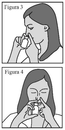 Disegno in due parti che mostra una donna che tiene un flaconetto vicino al naso per inalarne il contenuto con gli occhi chiusi