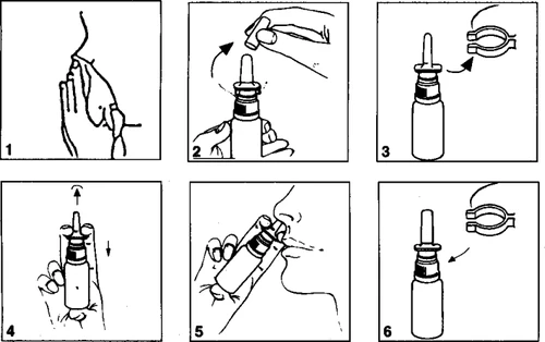 Diagramma in sei passaggi che illustra l'uso di un flacone medico con mani che lo aprono, lo inclinano e lo utilizzano per l'applicazione