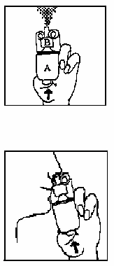 Una mano sostiene un dispositivo médico con las letras A y B mientras una flecha indica el movimiento hacia la
