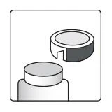 Schematic drawing of a vial with a circular cap placed on top of it to indicate the