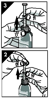 Two drawings show hands inserting a syringe needle through the rubber stopper of a medication vial, with arrows pointing downward