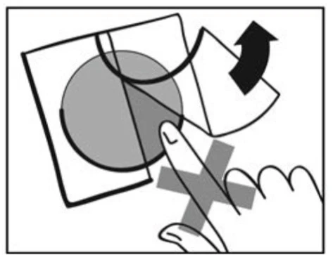 Diagramma che mostra una mano che indica un cerchio grigio su un foglio con una freccia curva verso l'alto e una croce grigia accanto