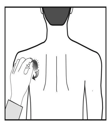 Black and white drawing of a hand applying a patch to the back of a person above three parallel vertical lines