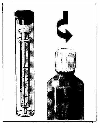 Diagramma che mostra una siringa con ago accanto a un flaconcino di vetro scuro con una freccia curva che indica il movimento di rotazione del tappo