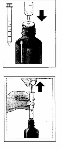 Diagramma medico che mostra una siringa che aspira liquido da un flacone scuro e la successiva estrazione dell'ago dal contenitore