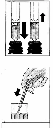 Diagramma medico che mostra due siringhe con frecce direzionali e una mano che inserisce una siringa con ago in un tessuto corporeo