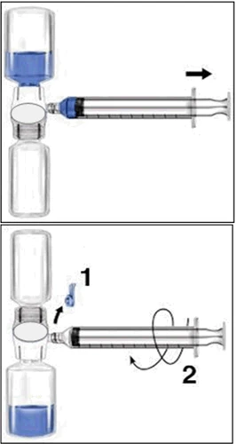 Diagrama médico que muestra la extracción de líquido azul de un frasco con una jeringa y la posterior rotación para mezclar el contenido
