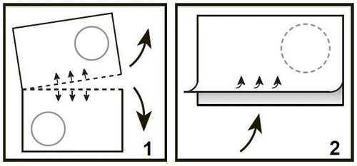 Two-step diagram showing how to fold and separate a rectangular container with directional arrows and dashed circles
