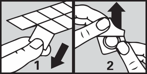 Two black and white drawings show hands opening a medical container, first pulling downward and then lifting the lid upward