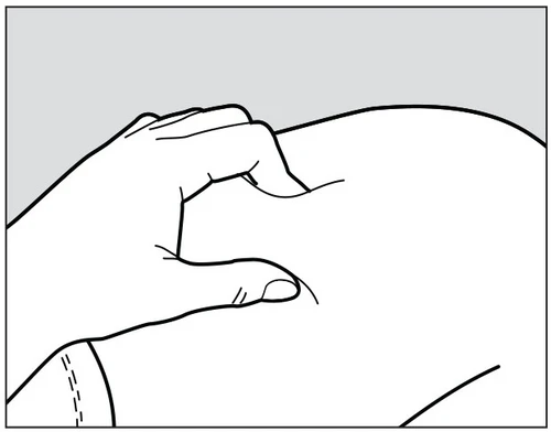 Disegno lineare di una mano che pizzica la pelle del corpo per preparare il sito di iniezione sottocutanea
