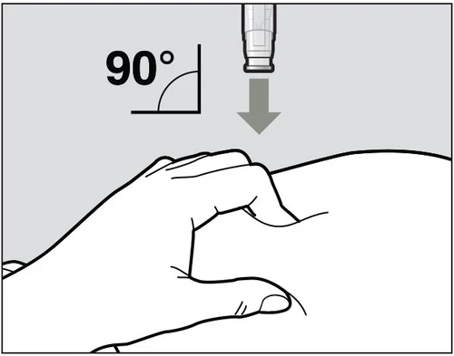 Diagramma che mostra una mano che pizzica la pelle e una siringa posizionata verticalmente a 90 gradi per l'iniezione