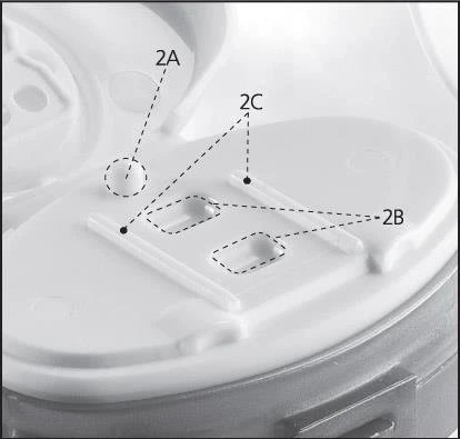 Dettaglio di un dispositivo medico bianco con componenti numerati 2A un cerchio, 2B due barre longitudinali e 2C due incavi rettangolari