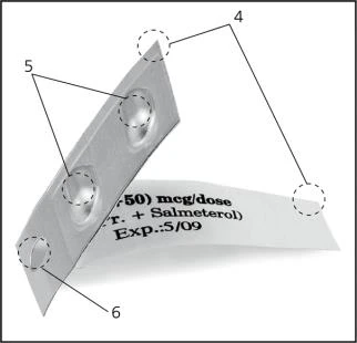 Blister metallico piegato con dosi rialzate numerate 5 e 6 e indicazioni testuali su mcg/dose, salmeterol ed espirazione 5/09 con linee guida 4