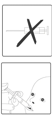 Disegno schematico con una siringa sbarrata da una X nera sopra una siringa che viene applicata vicino al viso di una persona