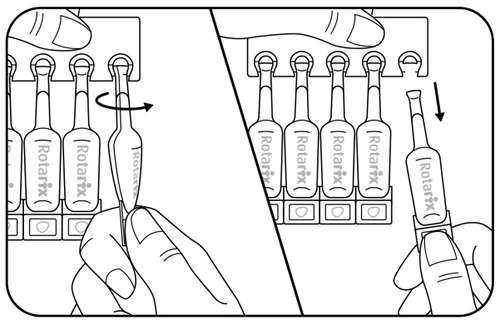 Disegno tecnico che mostra due mani che estraggono una fiala di Rotarix da un blister tramite una rotazione e un movimento verso il basso