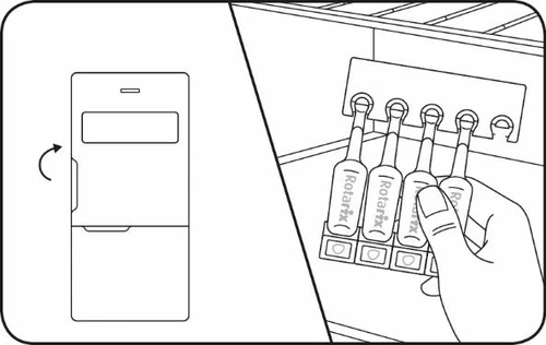 Disegno tecnico che mostra un dispositivo rettangolare a sinistra e una mano che preleva una fiala Rotarix da un supporto a quattro alloggiamenti