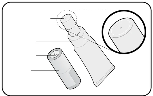 Diagramma tecnico di un dispositivo medico con linee di riferimento che indicano le diverse parti e un ingrandimento della punta superiore