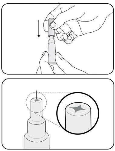 Disegno tecnico che mostra una mano che inserisce un flacone in un dispositivo e un ingrandimento della punta con un foro a forma di croce