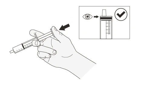 A hand holds a syringe with an arrow indicating the thumb and a box showing visual inspection of the liquid level with a checkmark