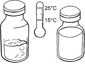Technical drawing of two medicine vials with a thermometer between them indicating a temperature between 15 and 25 degrees Celsius