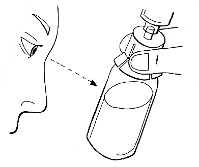Schematic drawing showing a face profile with a dashed arrow pointing toward a medicine vial containing liquid