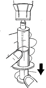Technical drawing showing a hand pressing the plunger of a syringe downward with a black arrow indicating the direction of movement