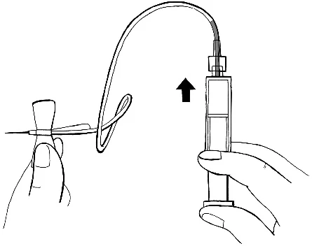 A hand holding a syringe with a flexible tube connected to a needle held by the