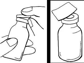 Line drawing showing two hands holding a glass vial while lifting off the upper protective cap