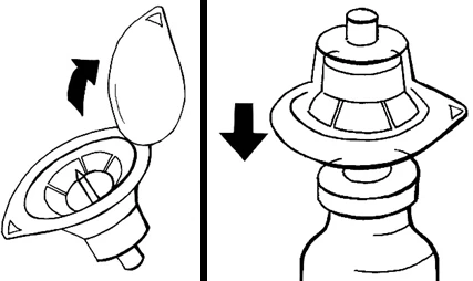 Technical drawing showing the removal of a protective cap from a vial and subsequent pressing down on the top part