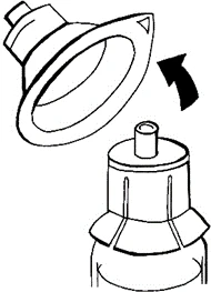 Technical drawing showing the assembly of a conical cap onto a cylindrical vial via a black curved arrow indicating the motion