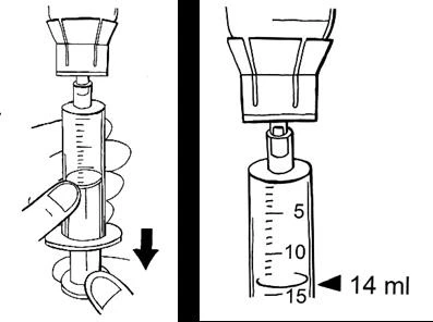 Technical drawing of a syringe with milliliter markings and a black downward-pointing arrow next to the barrel