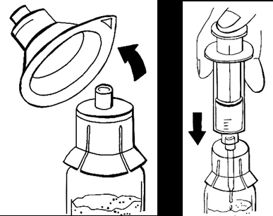 Technical drawing showing how to remove the protective cap and insert the syringe into the medicine vial for withdrawal