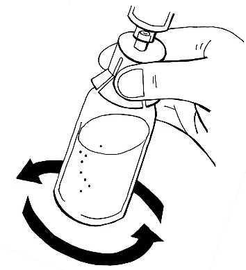 A hand holding a vial with liquid and two curved arrows indicating a rotational movement to mix the contents