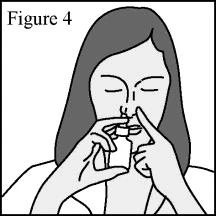 Black and white drawing of a woman with her eyes closed holding a medical vial close to her nose with both hands
