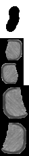 Four gray irregularly shaped tablets with rough surface arranged vertically on a white background