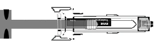 Diagrama técnico horizontal de una jeringa precargada con etiqueta negra y texto blanco y pistón gris a la izquierda