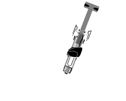Technical illustration of a syringe with gray plunger, transparent body, and angled metal base on a white background