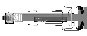 Horizontal technical drawing of a pen-type medical device with 'EVIVE Tradenam TV' printed on a gray body with white and black details