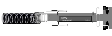Horizontal technical diagram of a medical device EVIVE with labels indicating parts and structural components on a white background