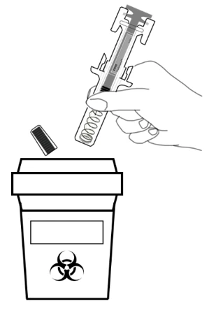 A hand holding a syringe ready to be discarded into a biohazard waste container with biological hazard symbol